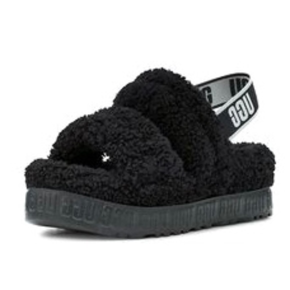 UGG Oh Fluffita Platform Slingback Slippers Black Sheepskin Size 10 - Picture 1 of 12